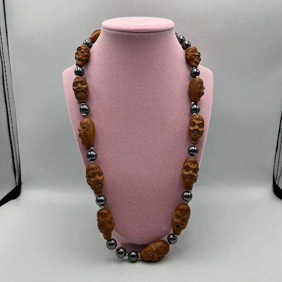 Asian Carved Peach Pit Faces and Compo Bead Necklace
